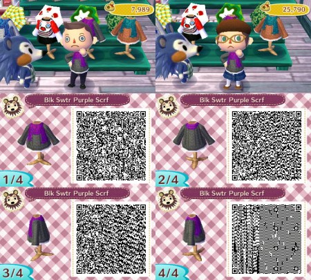 Animal Crossing QR Code Black Sweater with Purple Scarf