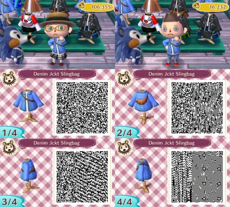 Animal Crossing QR Code White Shirt Denim Jacket Brown Slingbag